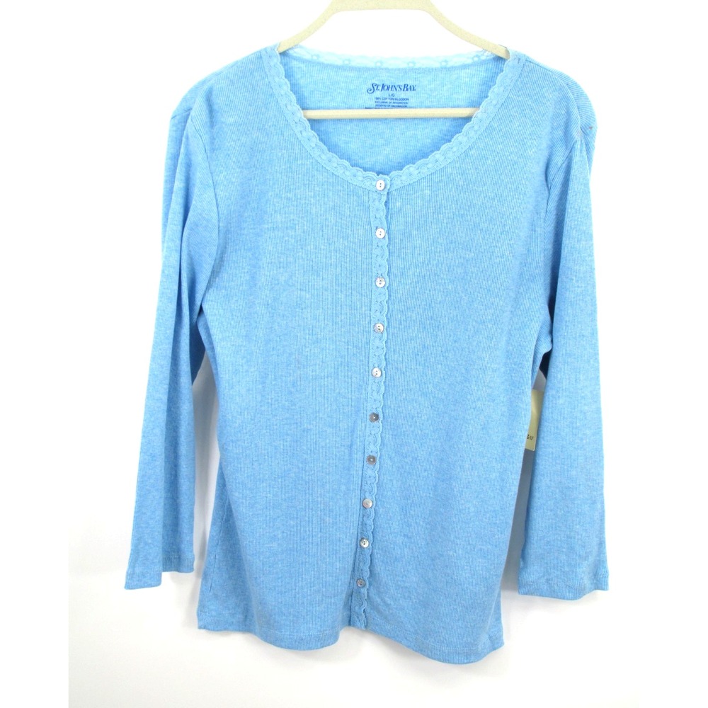 St Johns Bay Blue Thermal Cardigan Lace Trim Y2K Vintage L